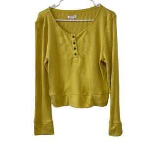 Refinery29 Medium Yellow Ribbed Henley Long Sleeve Cropped Knit Top Stretch